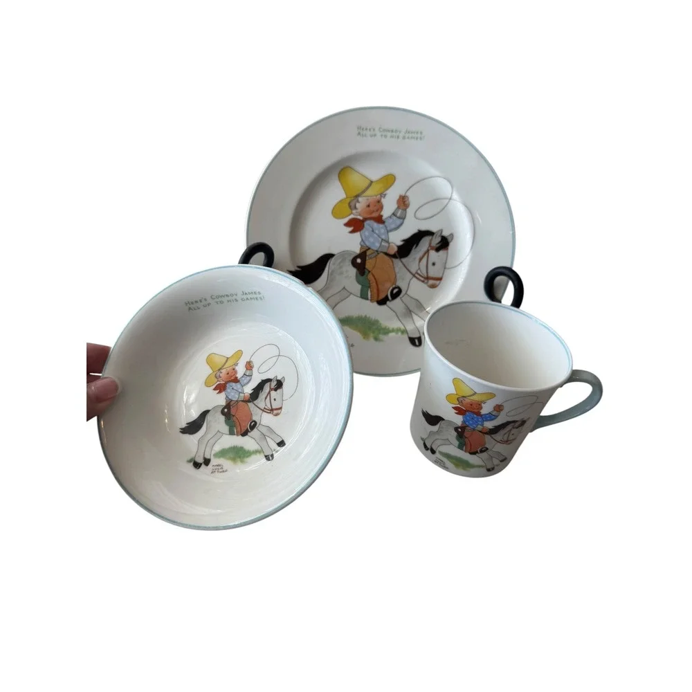 Vintage Mabel Lucie Attwell Cowboy James Childrens Dinnerware Set Plate Bowl Mug